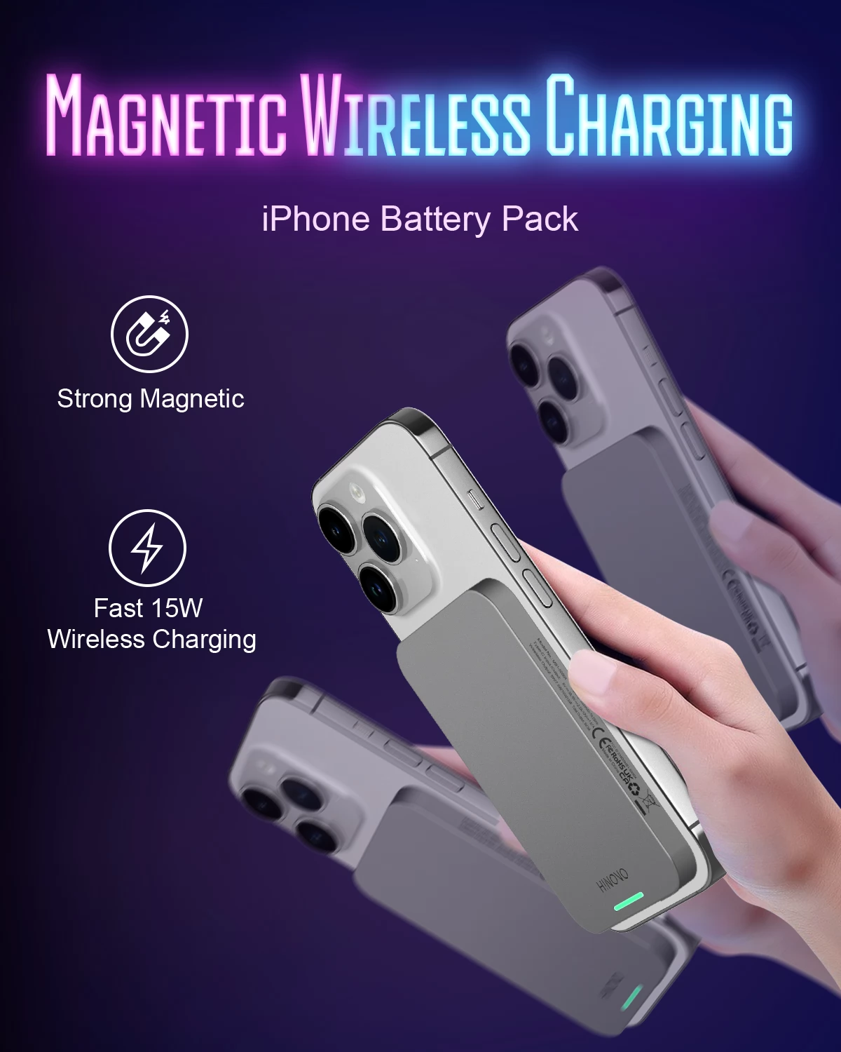 HINOVO MB1-5000x Wireless Portable Charger, 5000mAh Magnetic Wireless Power Bank, PD 20W Fast Charging Cyberpunk Style