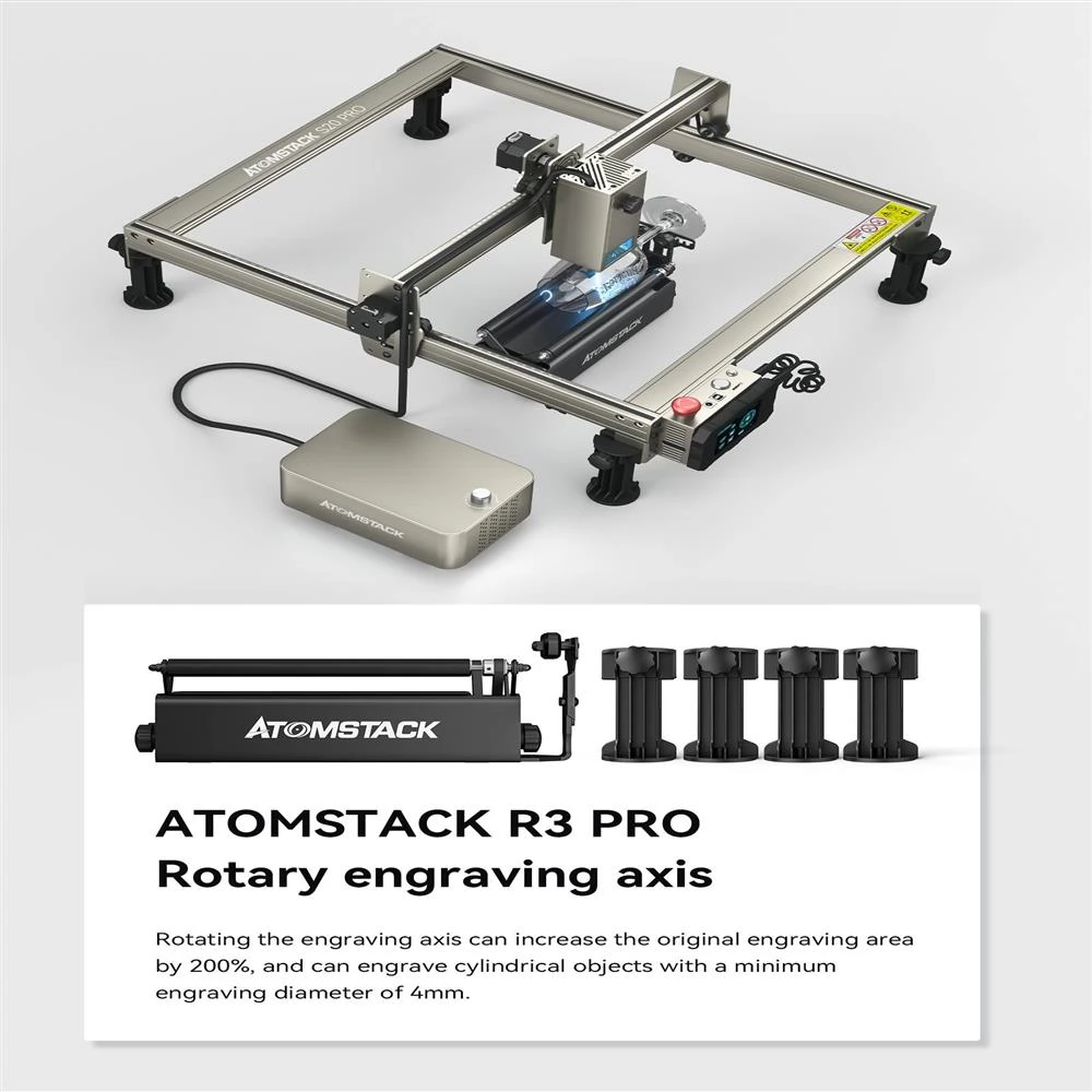 ATOMSTACK S20 Pro 20W Lasergravur-Schneidsatz, R3 Pro Rotationswalze, Wabenplatte, Quad-Core Diodenlaser, 400x400mm