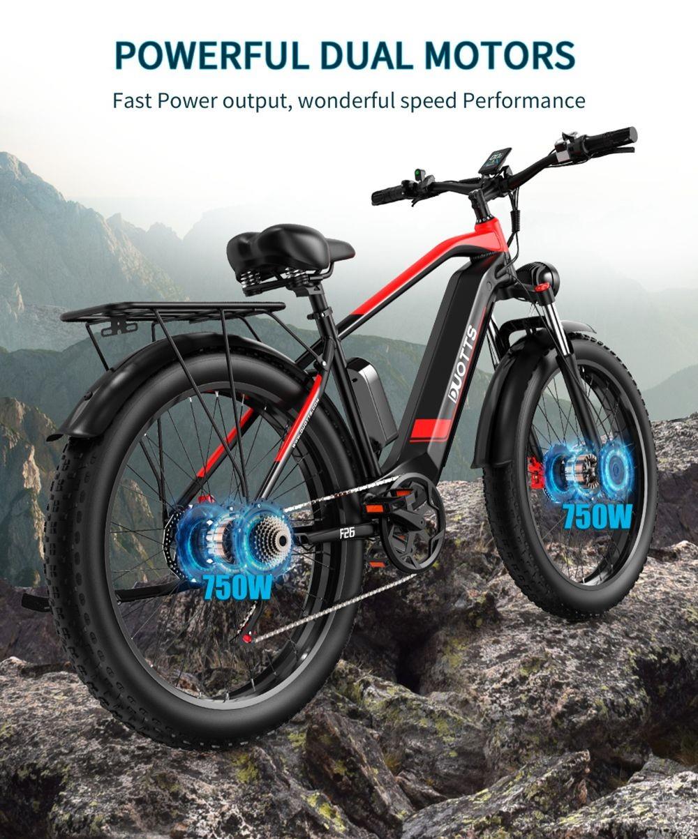 DUOTTS F26 26*4.0 Inch Fat Tire Electric Bike, 750W*2 Dual Motors, LG 17.5Ah Battery, 55km/h Max Speed - Black