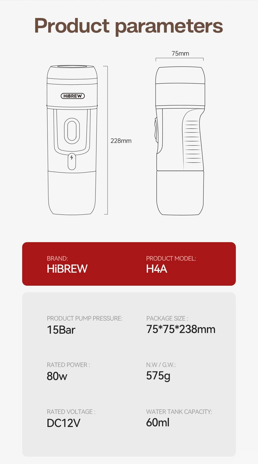 HiBREW H4A 80W Tragbare Auto-Kaffeemaschine mit Standfuß und Reisetasche, heiß/kalt 3-in-1 Kaffeemaschine