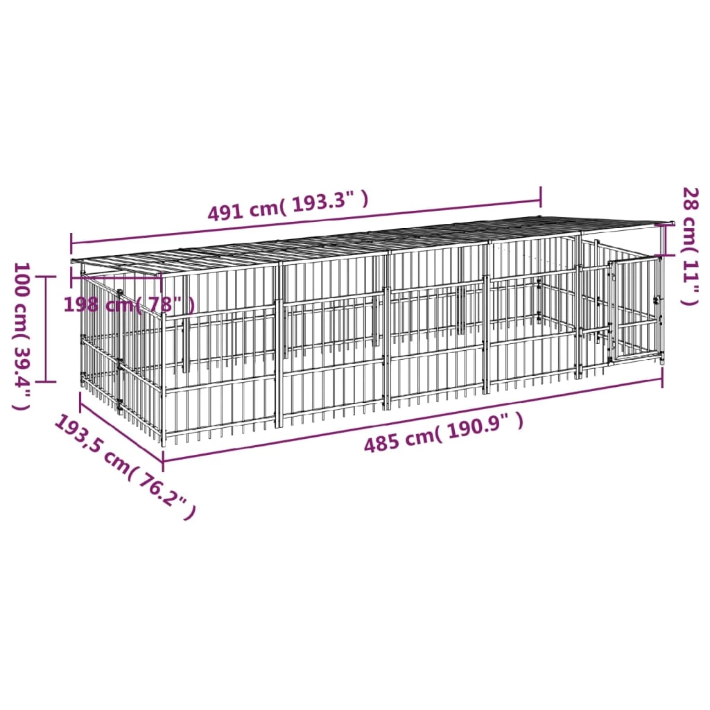 vidaXL Outdoor Dog Kennel with Roof Steel 9.38 m²