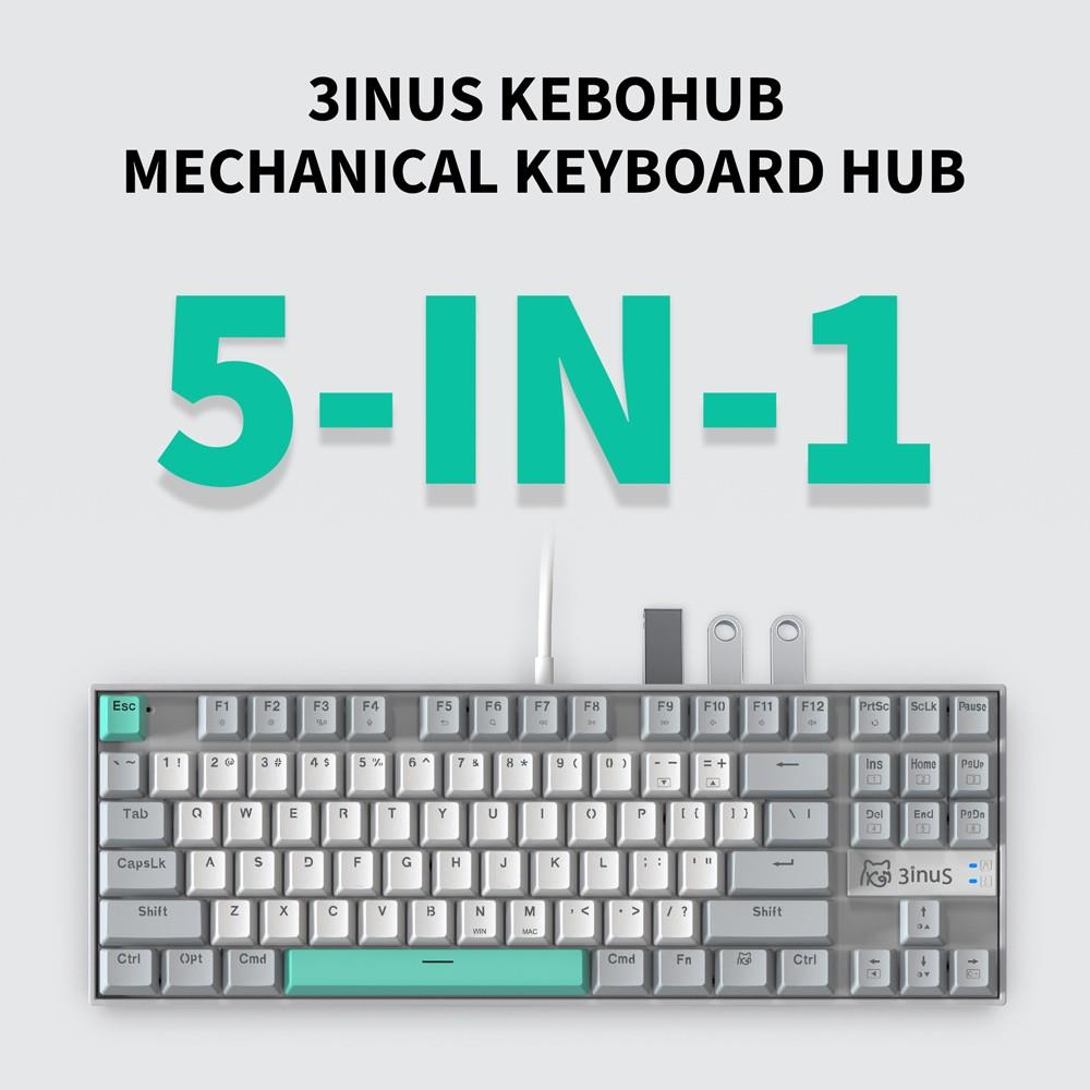 3inuS 87-Key 5-in-1 Mechanisch Toetsenbord, Hub Dubbele USB-C Kabel, Hot-Swappable - Blauwe Schakelaars
