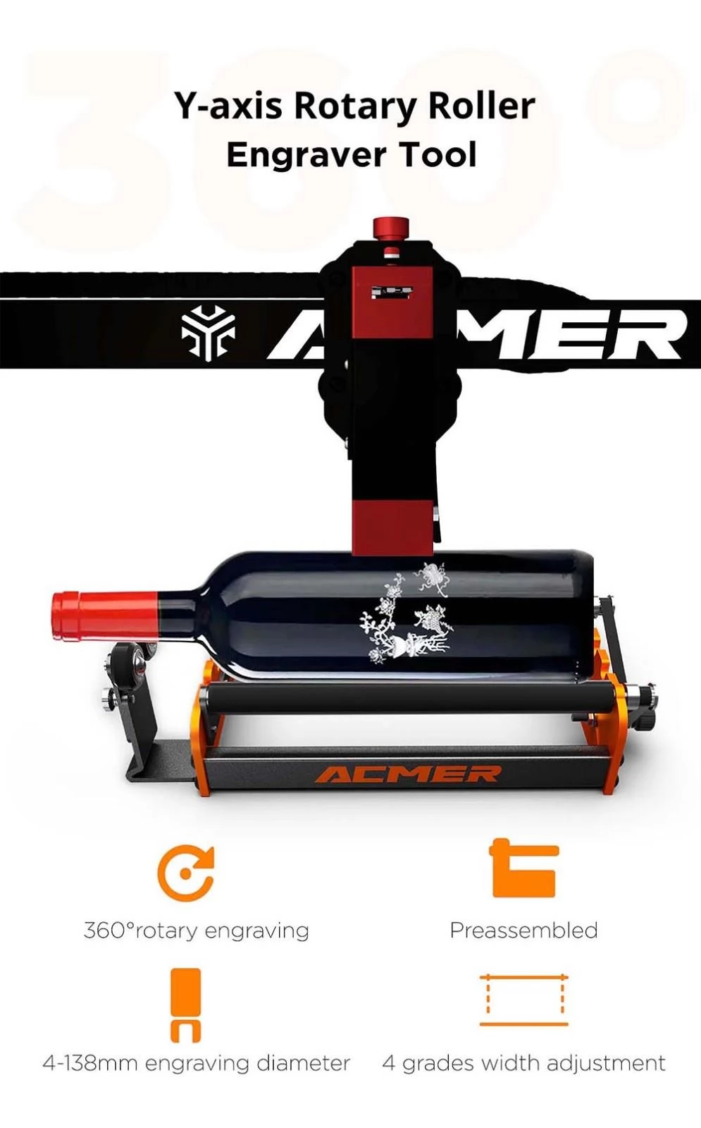 ACMER M2 laser roterende rol, 360 graden Y-as roterende gravure, 4-138 mm snijdiameter, 4 breedte-aanpassingen