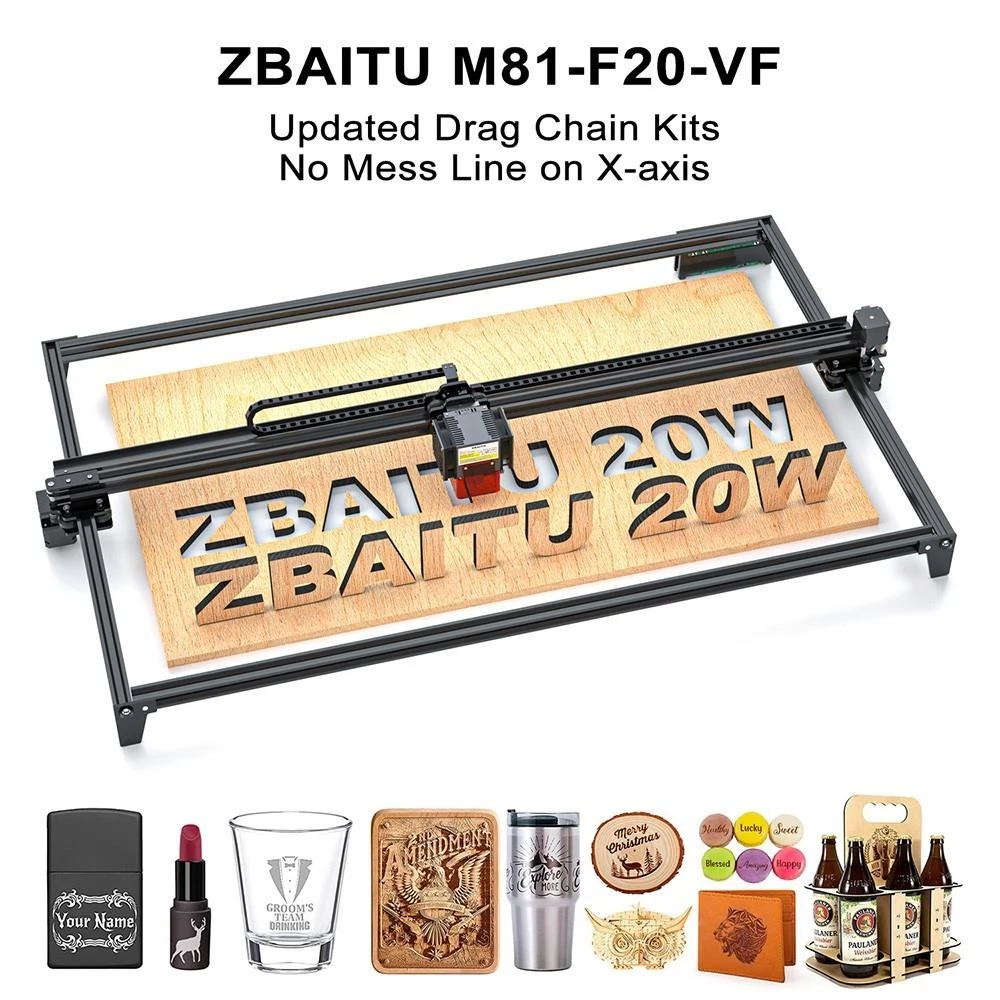 ZBAITU M81 F20 VF 20W Lasergraveersnijder met bijgewerkte sleepketting, Vaste focus, luchtsteun, 810*460mm