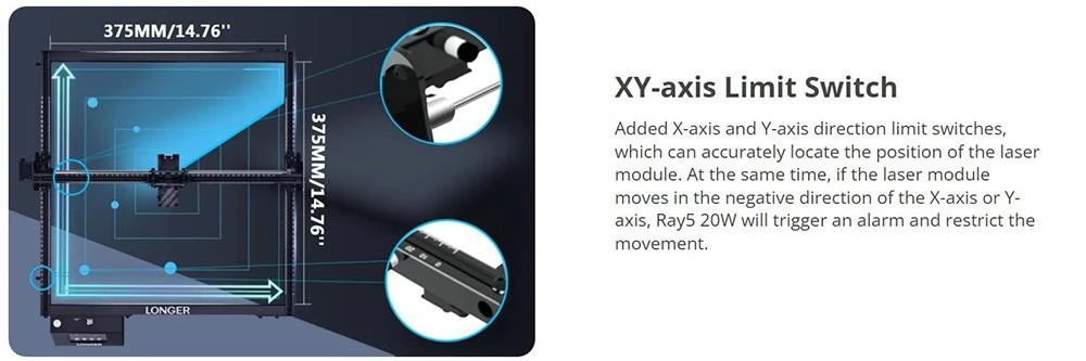LONGER RAY5 20W Laser Engraver, 0.08*0.1mm Laser Spot, Color Touchscreen, 32-Bit Chipset, APP Connection, 375*375mm