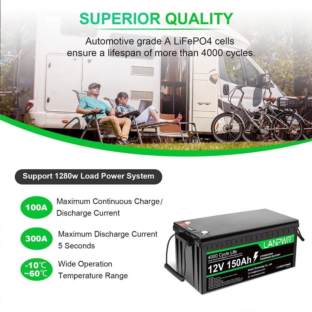 LANPWR LiFePO4 Battery Pack, 12V 150Ah 1920Wh Lithium Battery, Built-in 100A BMS, IP65 Waterproof