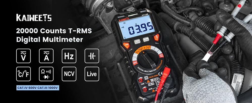 KAIWEETS HT118E Digitales AC/DC-Multimeter, TRMS 20000 Counts, 2,7-Zoll-Display, LED-Lightning-Buchsen, Auto-Ranging