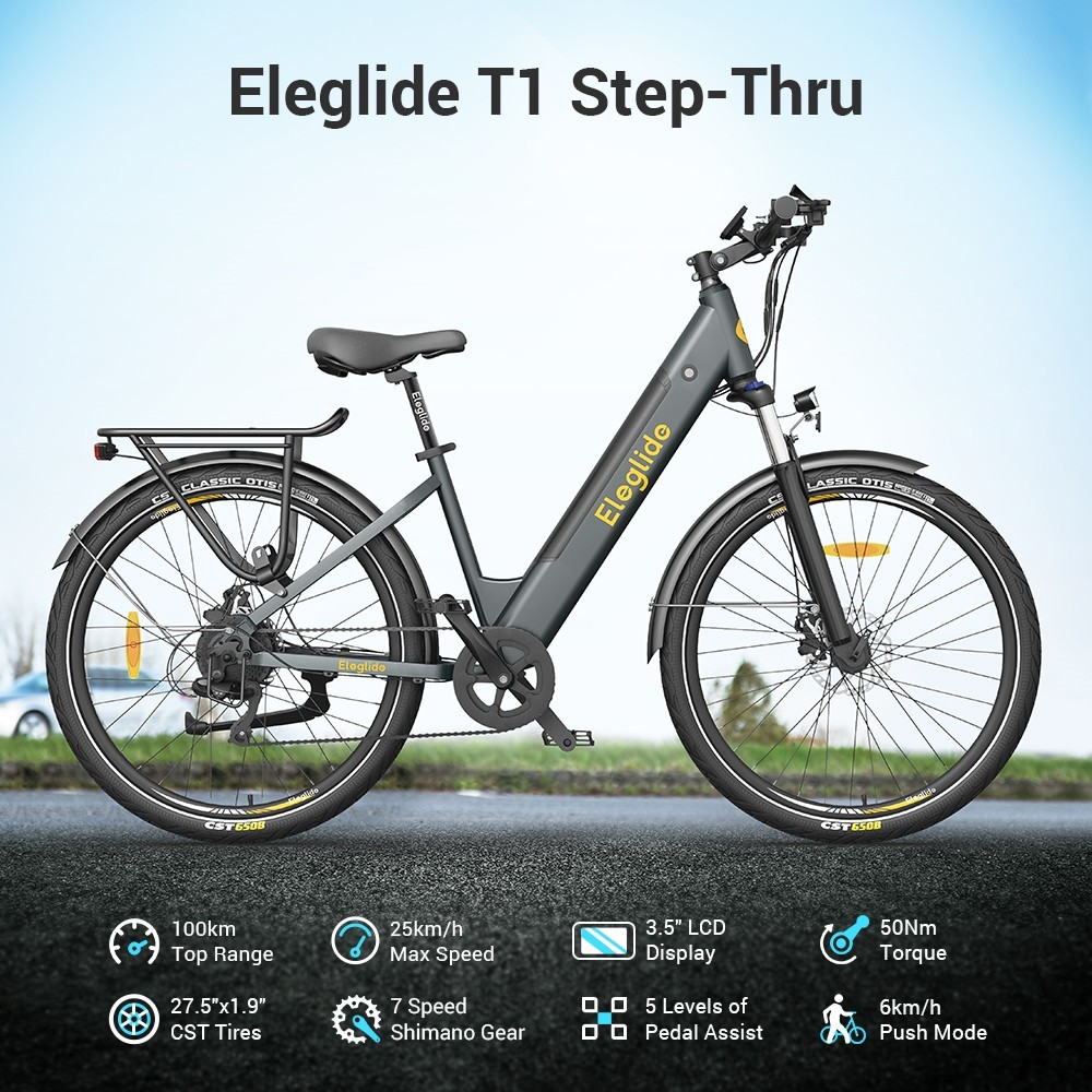 Eleglide T1 STEP-THRU Elektrische Trekkingfiets, 27.5 CST Banden, 250W Borstelloze Motor - Donkergrijs