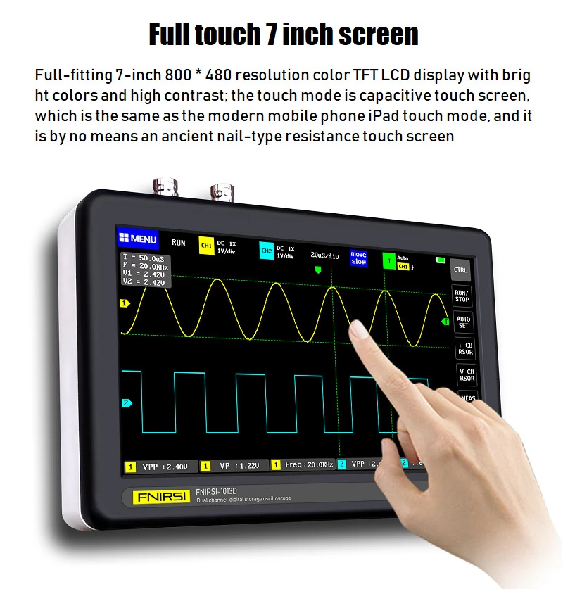 FNIRSI 1013D 7-Zoll Digitales 2-Kanal Tabletten Oszilloskop 100MHz Bandbreite 1GS/s Abtastrate, Kondensator Bildschirm Touch