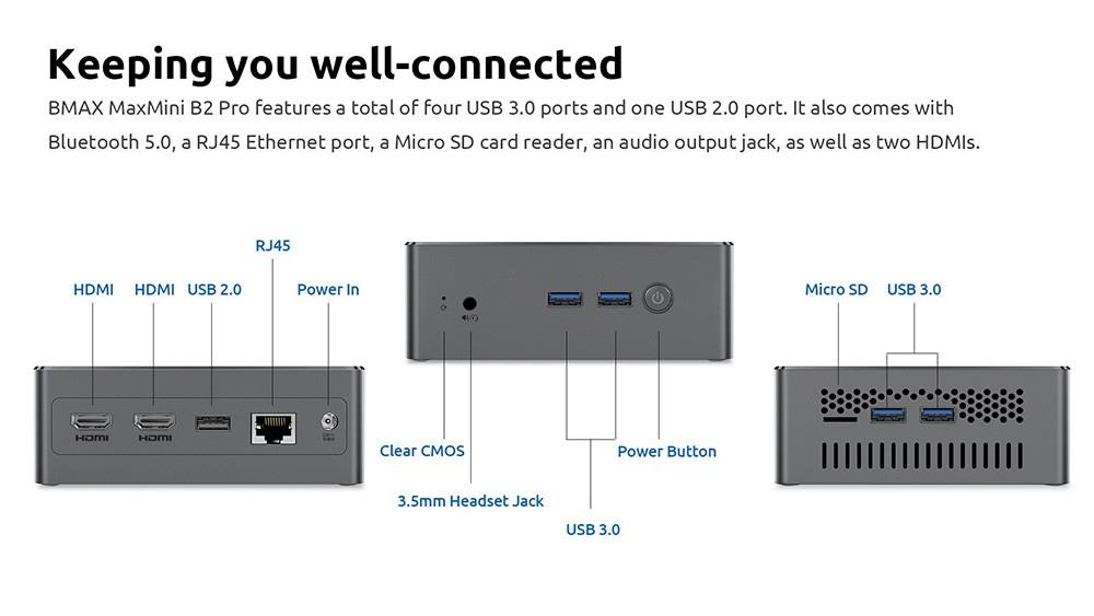BMAX B2 Pro Mini PC, Intel Gemini Lake J4105 CPU, 8GB geheugen 256GB SSD, Windows 11, 5G WiFi, Bluetooth 5.0