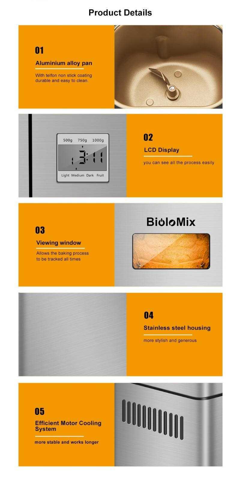 Biolomix BBM013 19-In-1 Automatische Broodbakmachine, Roestvrij Staal, 1KG Capaciteit, 650W Programmeerbare Broodbakmachine