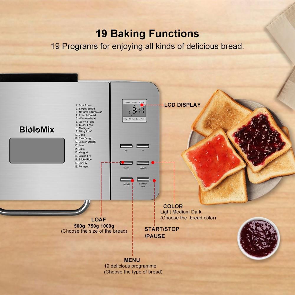 Biolomix BBM013 19-In-1 Automatic Bread Maker, Stainless Steel, 1KG Capacity, 650W Programmable Bread Machine