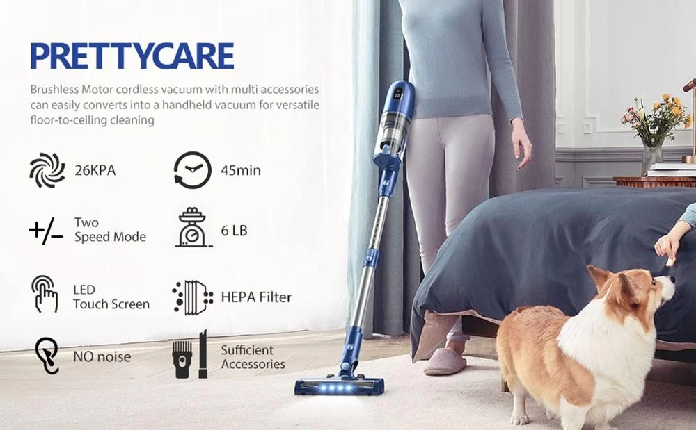 PRETTYCARE P1 Cordless Vacuum Cleaner, 26KPa Suction, LED Touch Screen, 45 Mins Runtime, 180W Motor