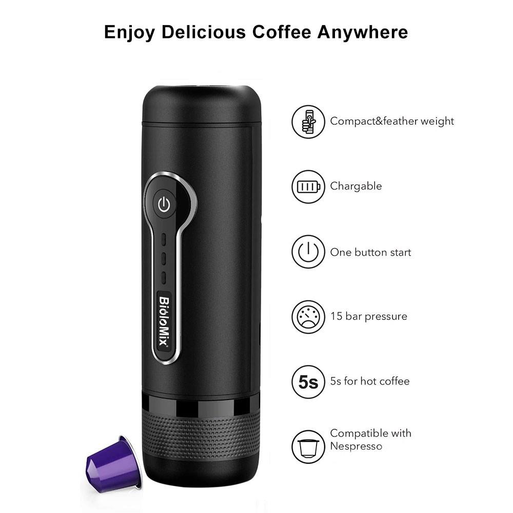 BioloMix CP010 Wireless Portable Coffee Maker, 15-18 Bar Electric Capsule Espresso Machine, 7800mAh Battery