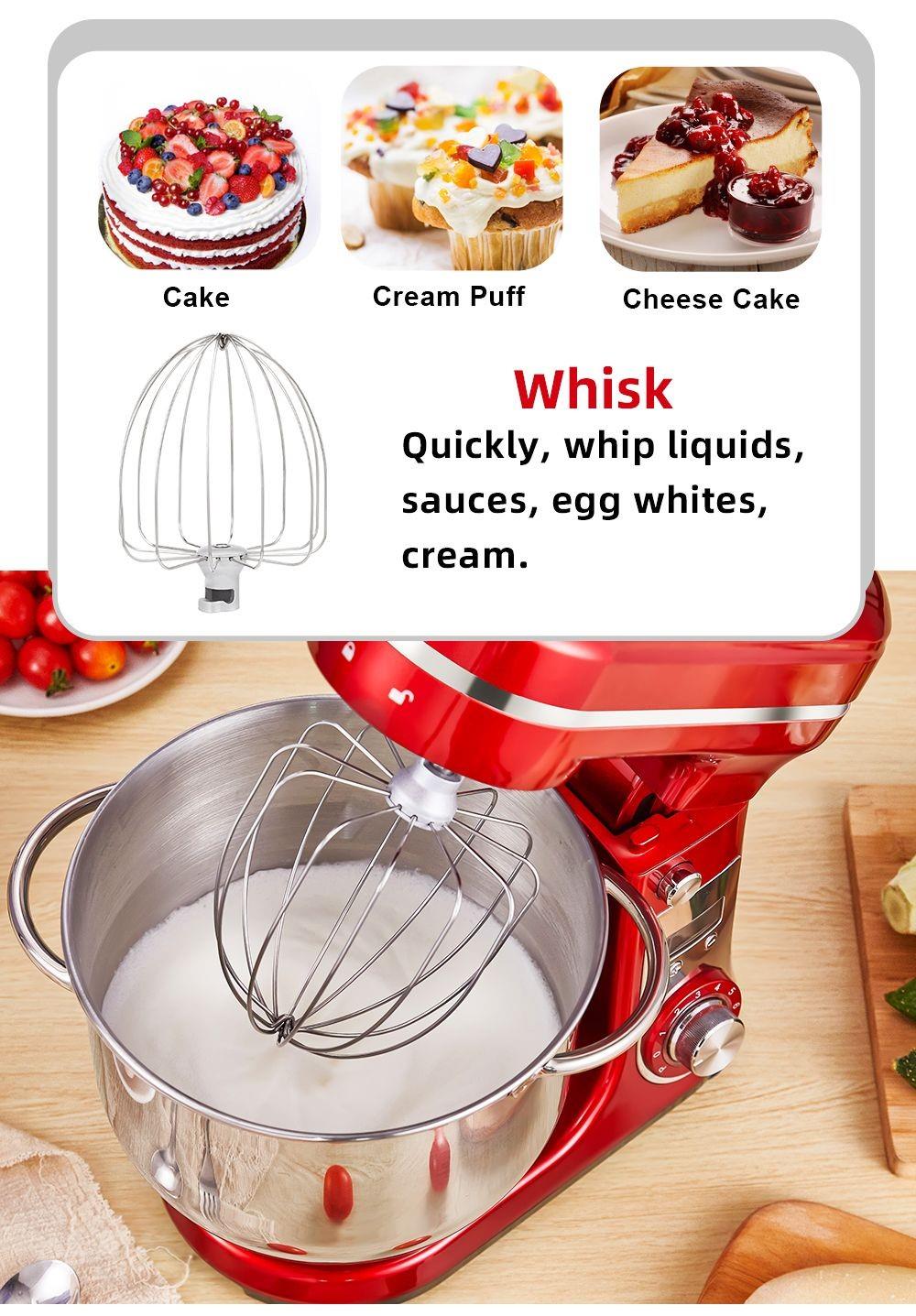 BioloMix BM601 1200W Kitchen Food Stand Mixer, Cream Egg Whisk, Cake Dough Kneader, 6L Capacity, Stainless Steel Bowl - Red