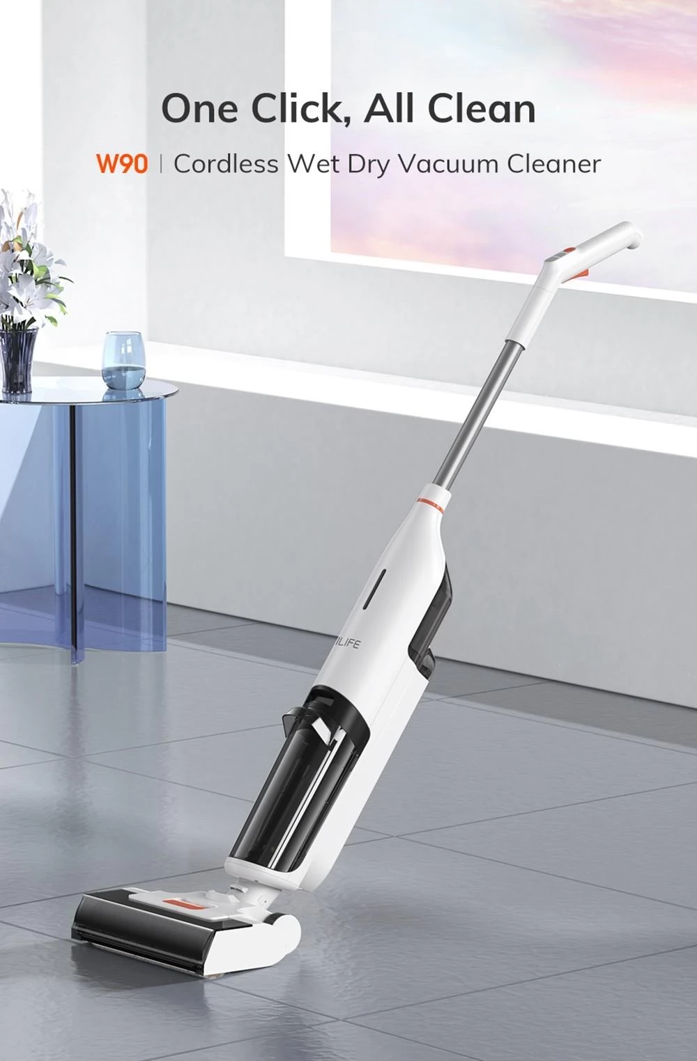 ILIFE W90 Cordless Wet Dry Vacuum Cleaner, 3 in 1 Vacuum Mop and Wash, Self-Cleaning, 700ml Water Tank, 30Mins Runtime