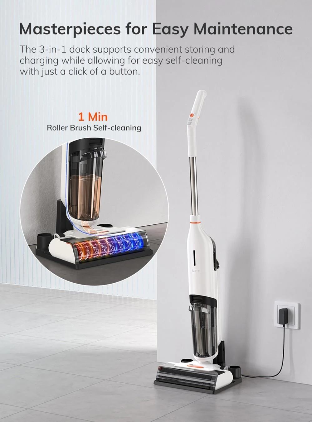 ILIFE W90 Cordless Wet Dry Vacuum Cleaner, 3 in 1 Vacuum Mop and Wash, Self-Cleaning, 700ml Water Tank, 30Mins Runtime