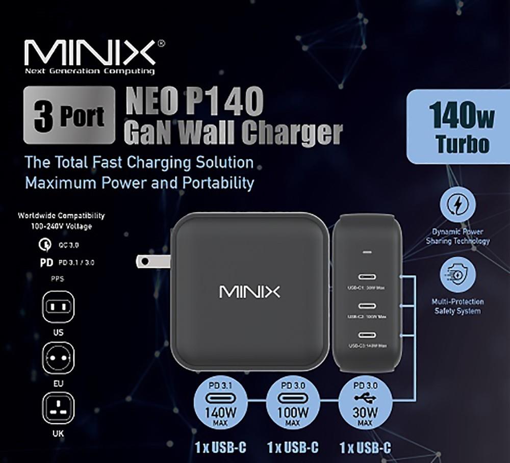 MINIX P140 Adapter 140W GaN Fast Charging Universal Charger for MacBook, iPhone