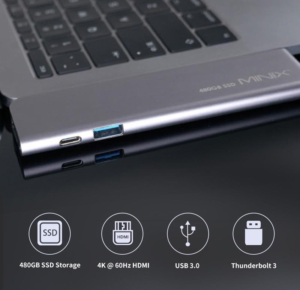 MINIX SD4 GR 480 GB SSD Dual 4K@60 Hz Ausgang, USB 3.0, PD & Daten bis zu 5 Gbit/s, Thunderbolt 3 - Silber