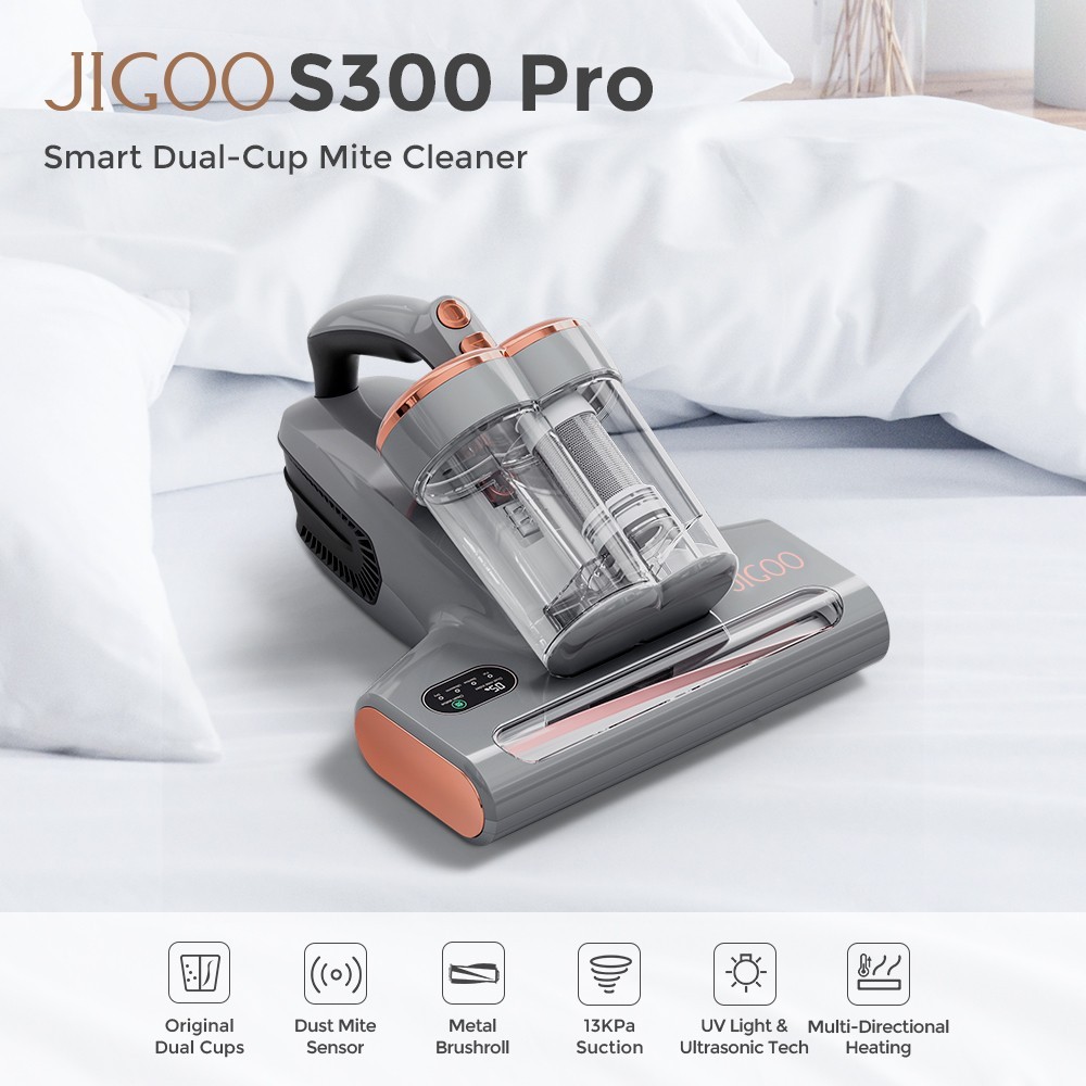 JIGOO S300 Pro Slimme mijtreiniger met twee kopjes met stofmijt sensor, 13KPa Vacuüm, 500W Stroom, 0,5L Stof Cup