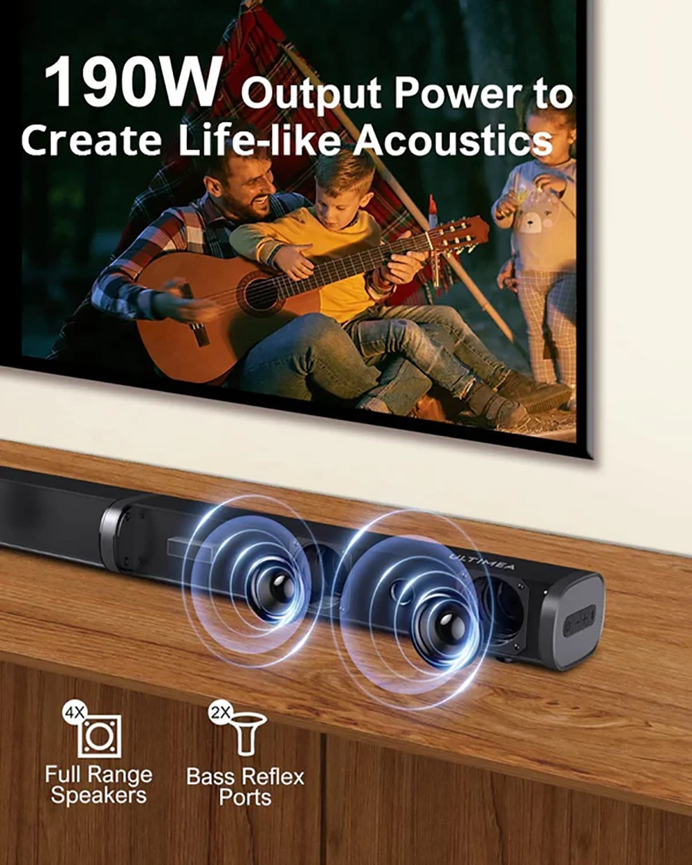 Ultimea Tapio VII 2.1 Wired Soundbar for TV Devices, 190 W 2.1 Soundbar with Subwoofer, 6 EQ Modes - Black