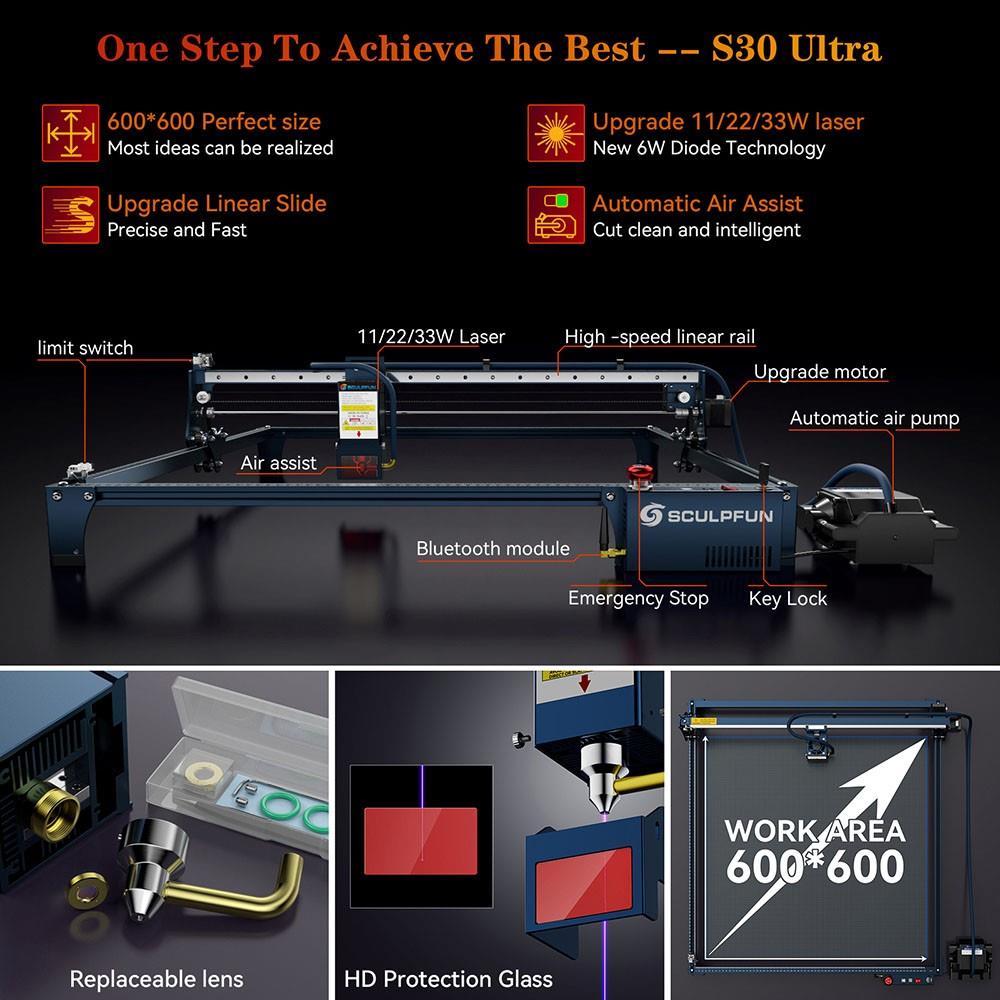 SCULPFUN S30 Ultra 22W Laser Engraver Cutter, Automatische Luchtondersteuning, 0.08x0.10mm Laser Focus, 600*600mm - EU Stekker