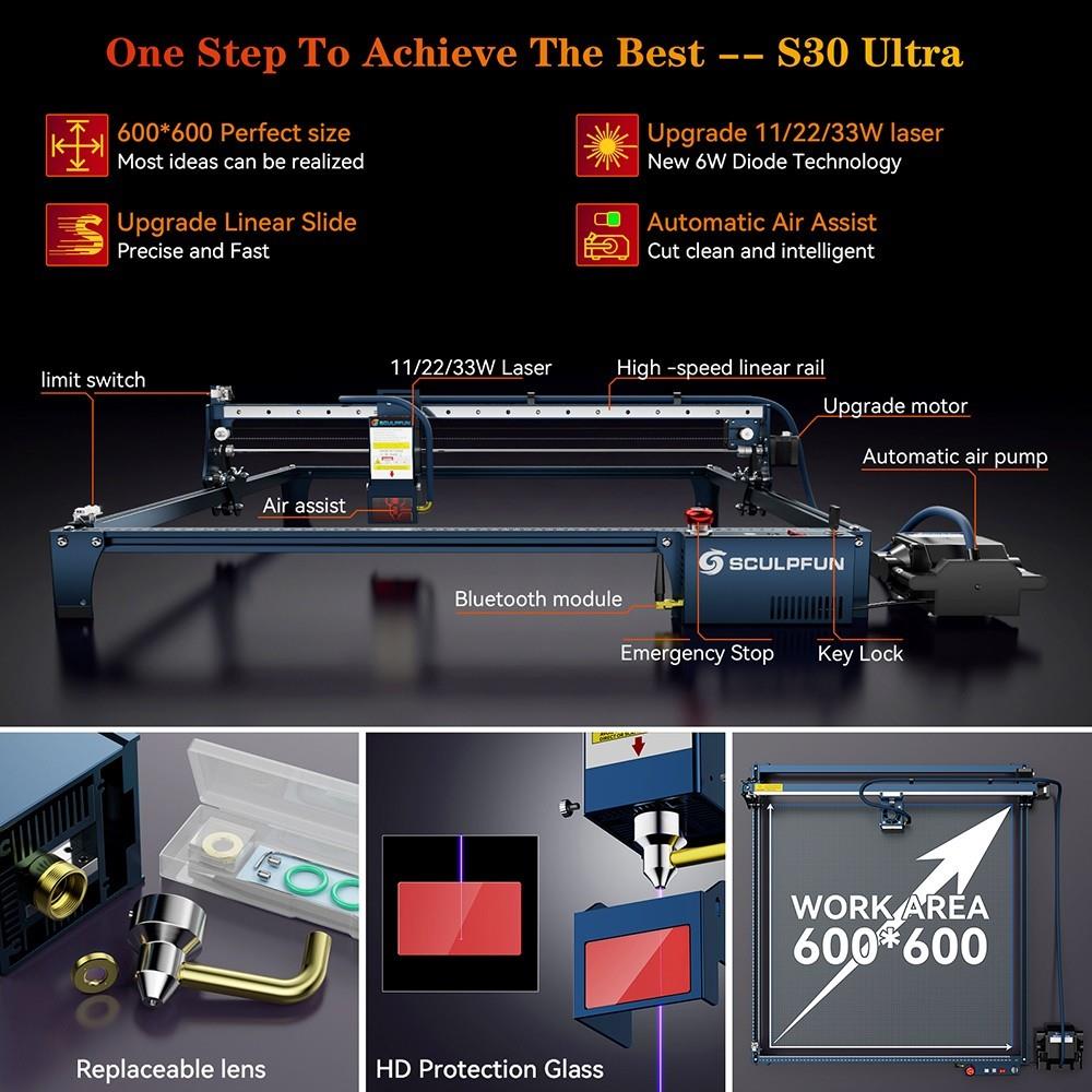 SCULPFUN S30 Ultra 33W lasergraveersnijmachine, automatische luchtondersteuning, 0,08x0,10mm laserfocus, 600*600mm - EU-stekker