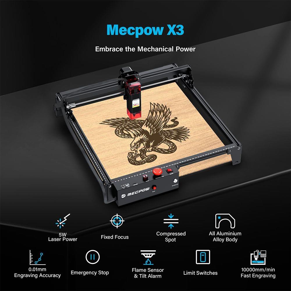 Mecpow X3 5W Laser Engraving Machine with Safety Lock, Emergency Stop, Flame Detection, Gyroscope Sensor - EU Plug