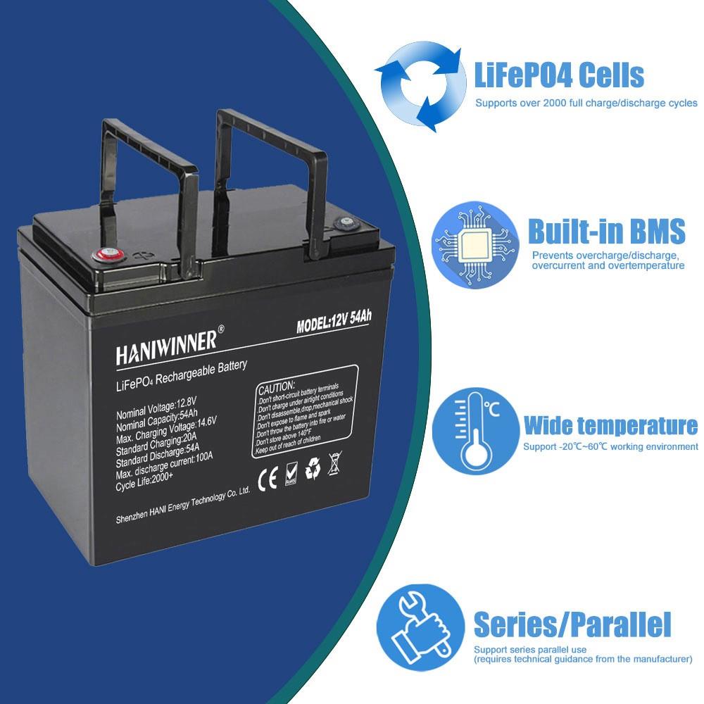 HANIWINNER HD009-07 12.8V 54Ah LiFePO4 Lithium Batterie Pack Notstromversorgung, 691.2Wh Energie, 2000 Zyklen, integriertes BMS
