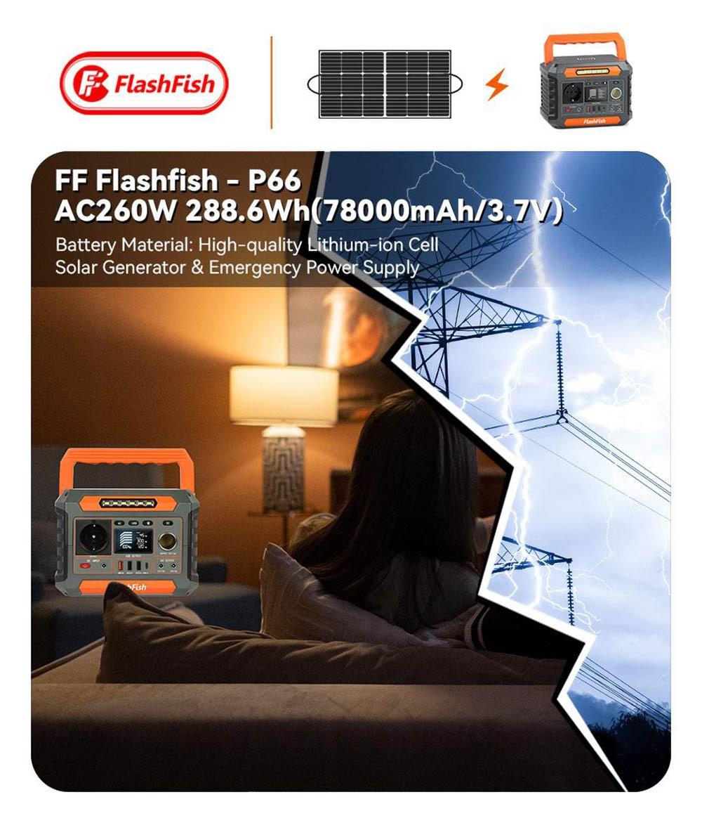 Flashfish P66 Draagbare krachtcentrale, 288Wh/78000mAh Lithium-ionencellen Zonnegenerator, 260W AC output, 520W Surge