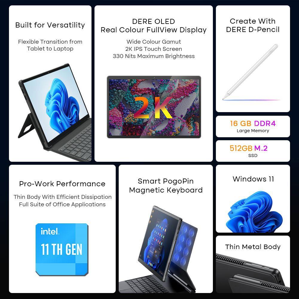 DERE T30 PRO 2-in-1 Laptop,13 2K IPS Touch Screen, Tablet PC/Magic Keyboard + Stylus Pen, 2.4G & 5G WiFi,16GB + 1TB-Dark Grey