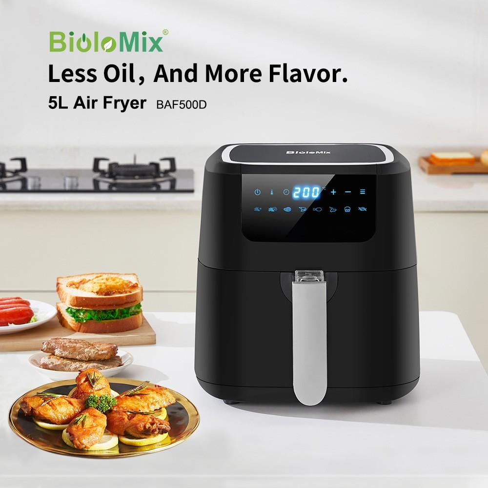BioloMix BAF500D 1400W digitale friteuse, 5L heteluchtoven, 8 voorinstellingen, dubbele pan zonder anti-aanbaklaag