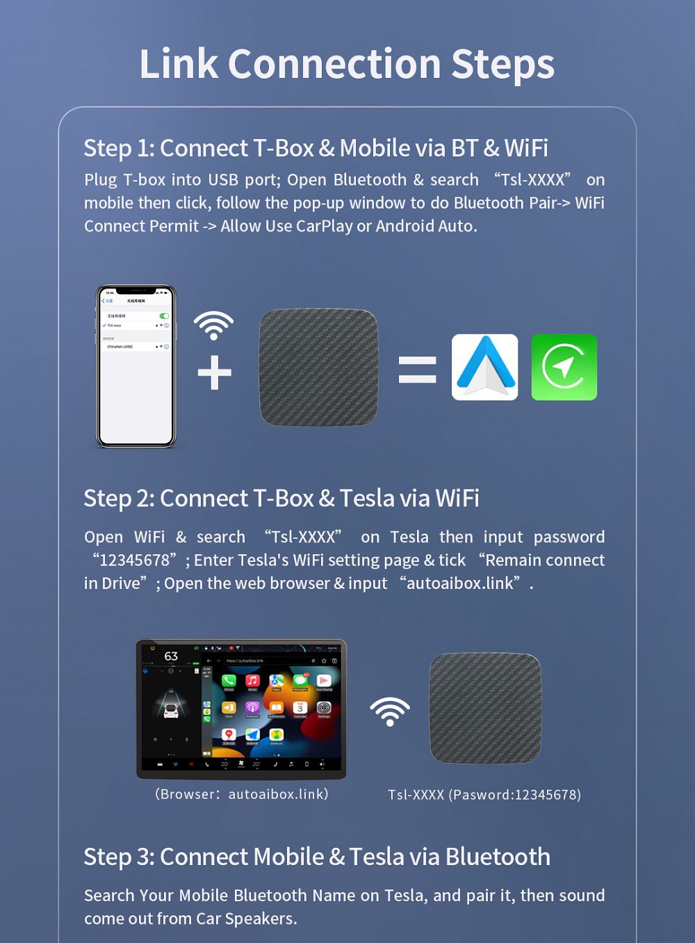 Ownice T1 Wireless Auto Ai Box für Tesla, Dual WiFi, unterstützt CarPlay / AirPlay / Android Auto / MiraCast - Schwarz