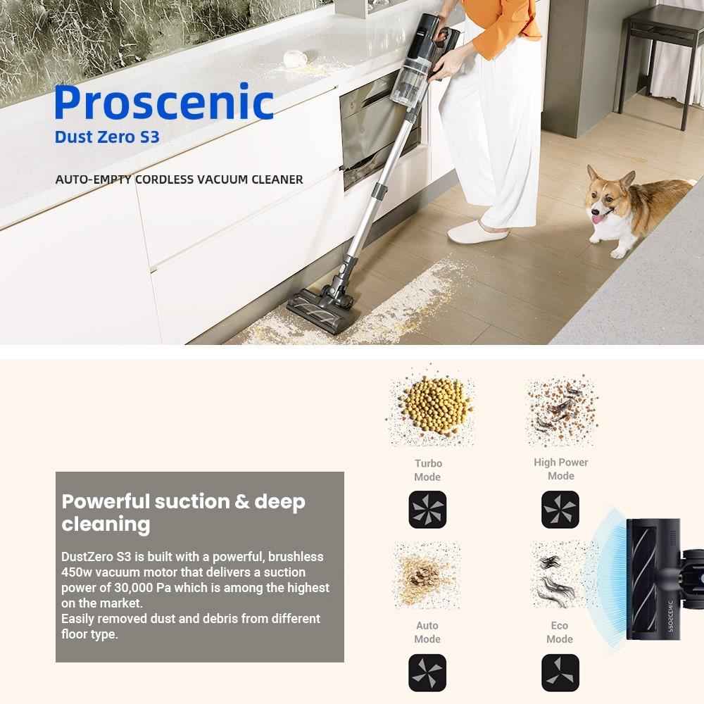 Proscenic DustZero S3 Cordless Vacuum Cleaner, 30000Pa Suction, Auto Empty Station, Up to 60Mins Runtime, Touchscreen