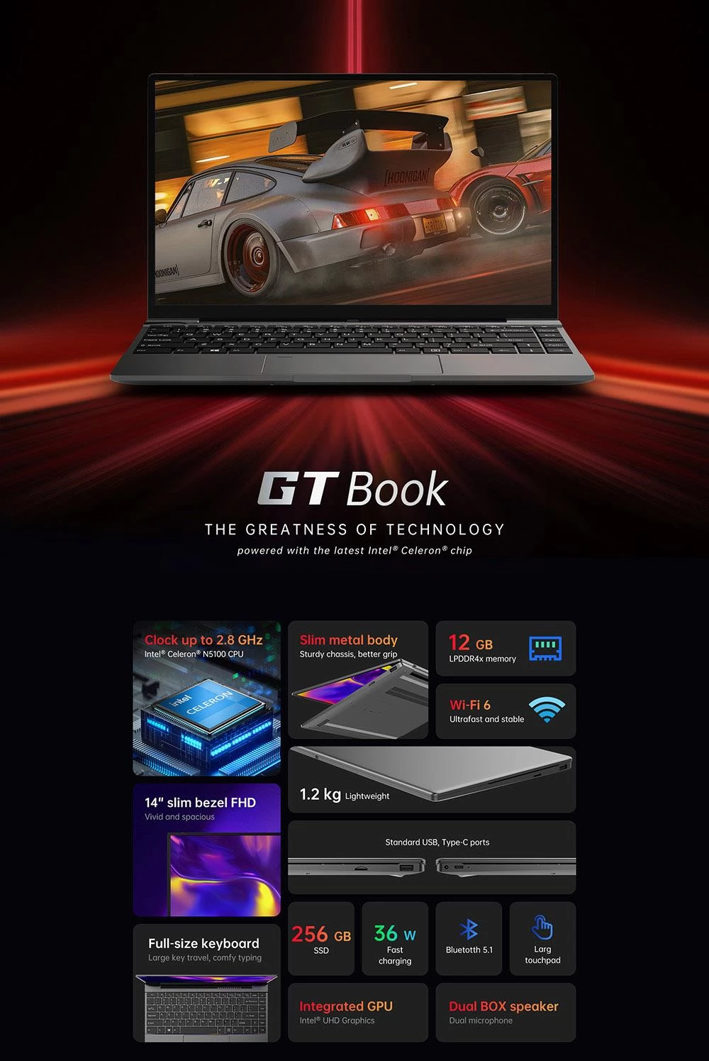 ALLDOCUBE GT Book-laptop, resolutie 1920 x 1080, 14,1 inch HD-scherm, 256 GB SSD-opslag, 48 uur stand-by batterijduur