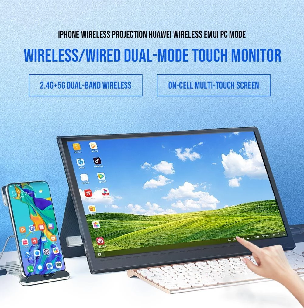 AOSIMAN 156FIT draagbare monitor, 15,6 inch scherm, 2.4G 5G Dual-band draadloze touch 1080P monitor