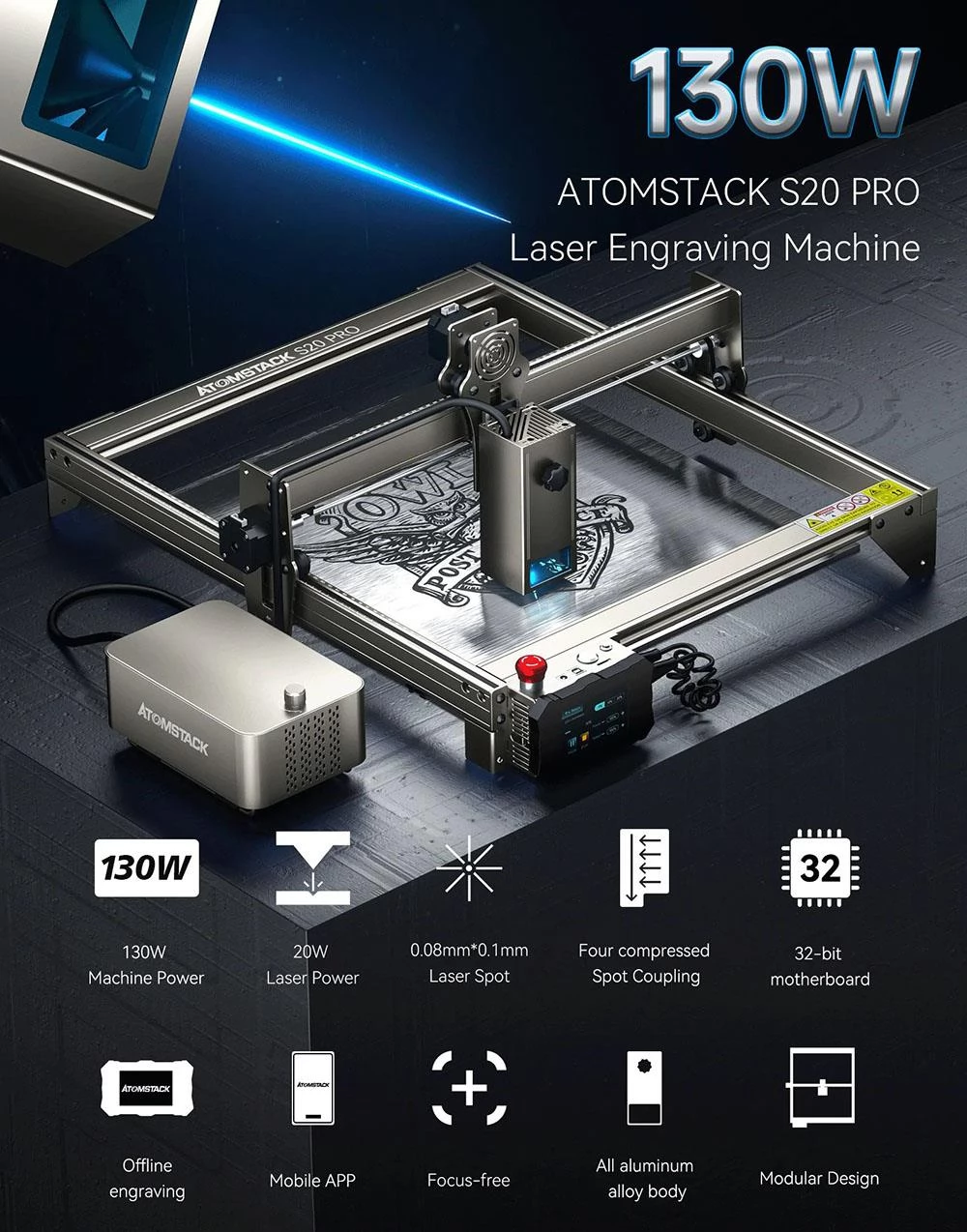ATOMSTACK S20 Pro 20W Laser Engraver Cutter met Air Assist Kits, Focus Free, Quad-core Diode Laser, Offline Graveren