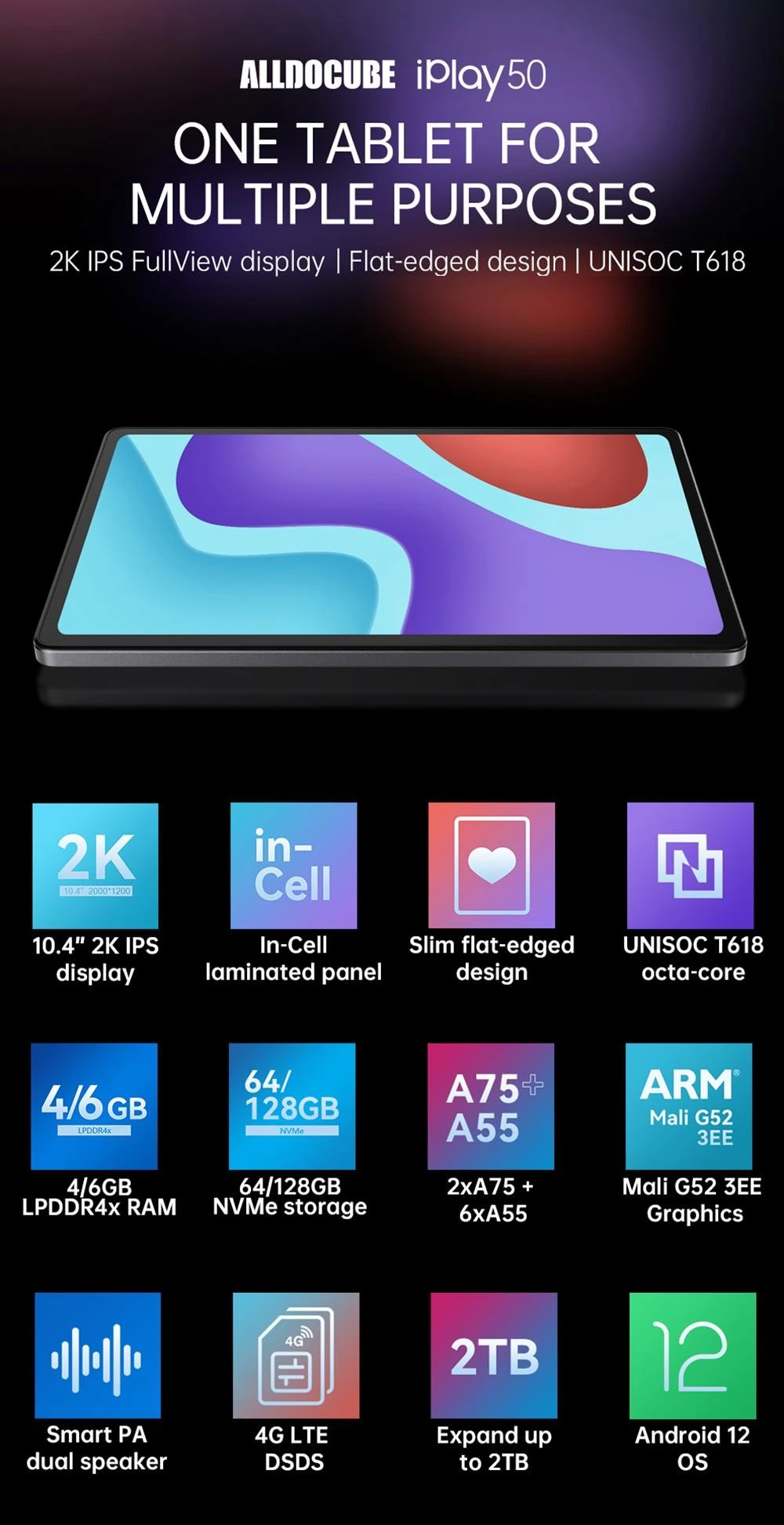 Alldocube iPlay 50 4G LTE Tablet, UNISOC T618 Octa-core CPU, 10.4 2K UHD Display, Android 12 6 128GB, Dual Cameras