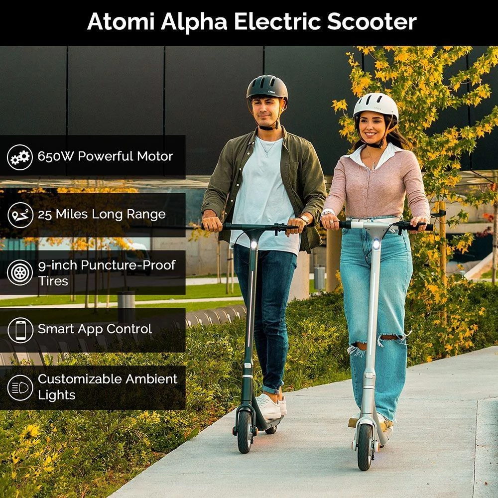 Atomi Alpha opvouwbare elektrische scooter, 650W motor, 10Ah batterij, 2A oplader, anti-diefstal kabelslot - Zinkwit