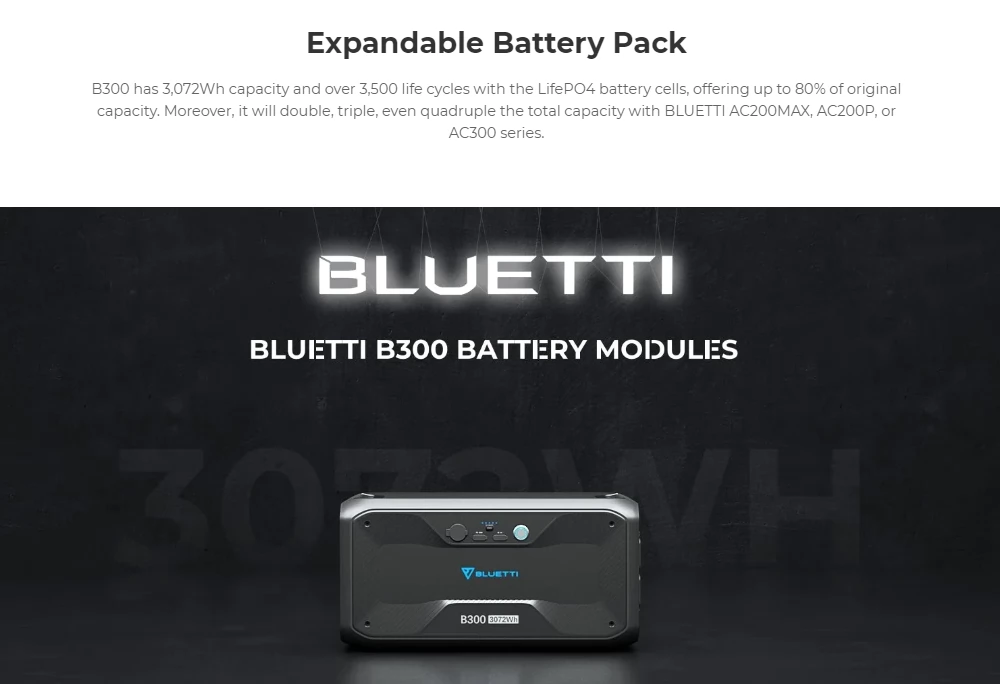 BLUETTI B300 3072Wh LiFePO4 Battery Module to Boost AC300, AC200Max, AC200P, EB200, EP500 Pro Portable Power Station