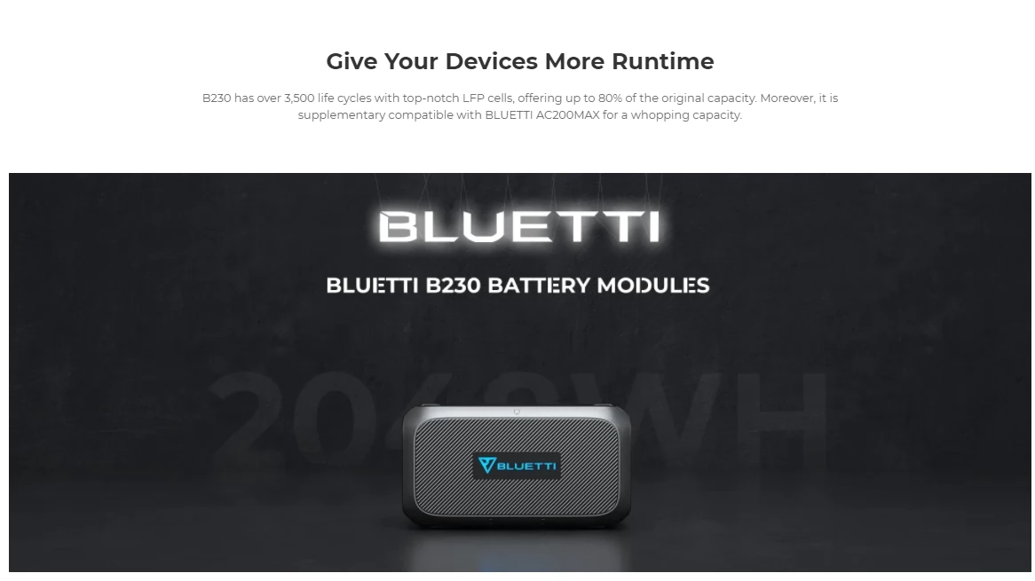 BLUETTI B230 2048Wh LiFePO4 Battery Module to Boost AC200MAX, AC200P, EB200, EP500 Pro Power Station