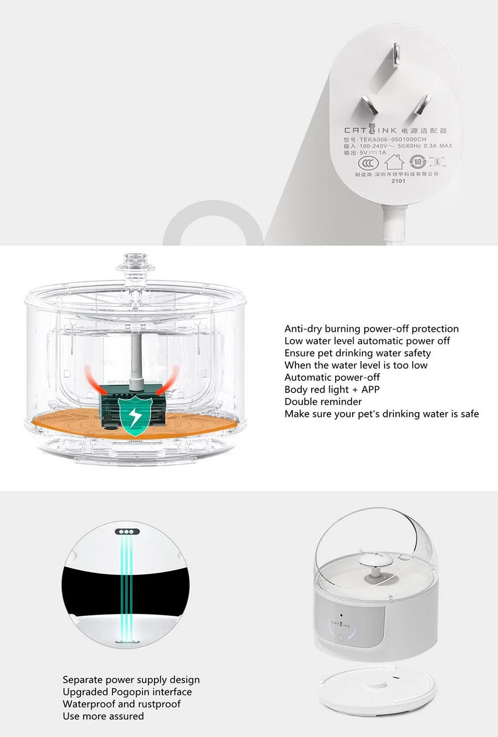 CATLINK CL-W01 Smart Pet Fountain Dispenser, 2.3L Grote Capaciteit, APP Afstandsbediening, Waterdicht en Roestbestendig
