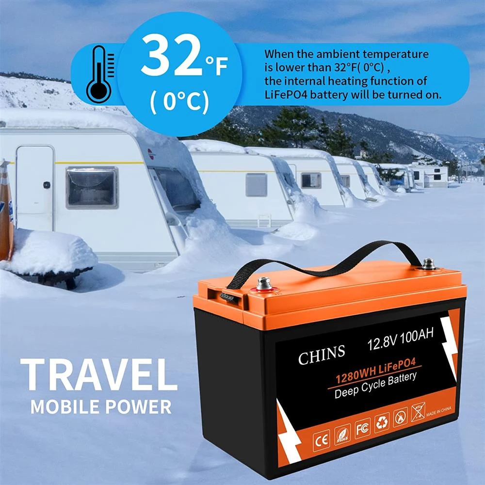 CHINS Smart 12V 100AH LiFePO4 Battery, Built-in 100A BMS Low Temperature Heating Bluetooth APP Monitors Battery SOC Date