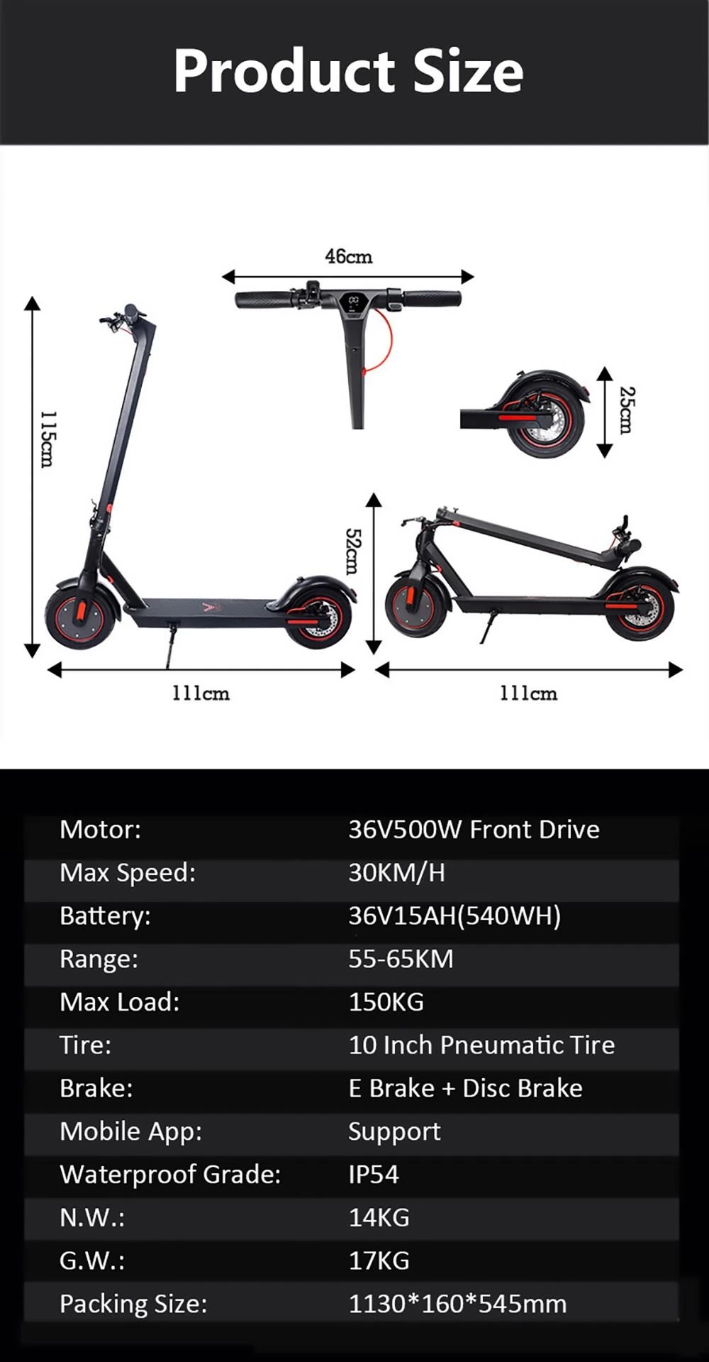 CMSBIKE V10 10 Inch Air Tires Foldable Electric Scooter - 500W Motor & 36V 15Ah Battery