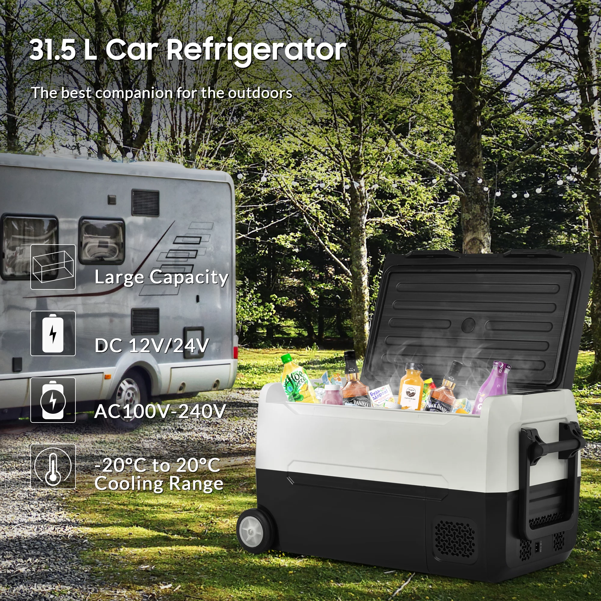 Portable Compressor Cool Box Car Refrigerator 31.5L Double Zone APP Control 12/24V DC 100-240V AC for Outdoors Camping
