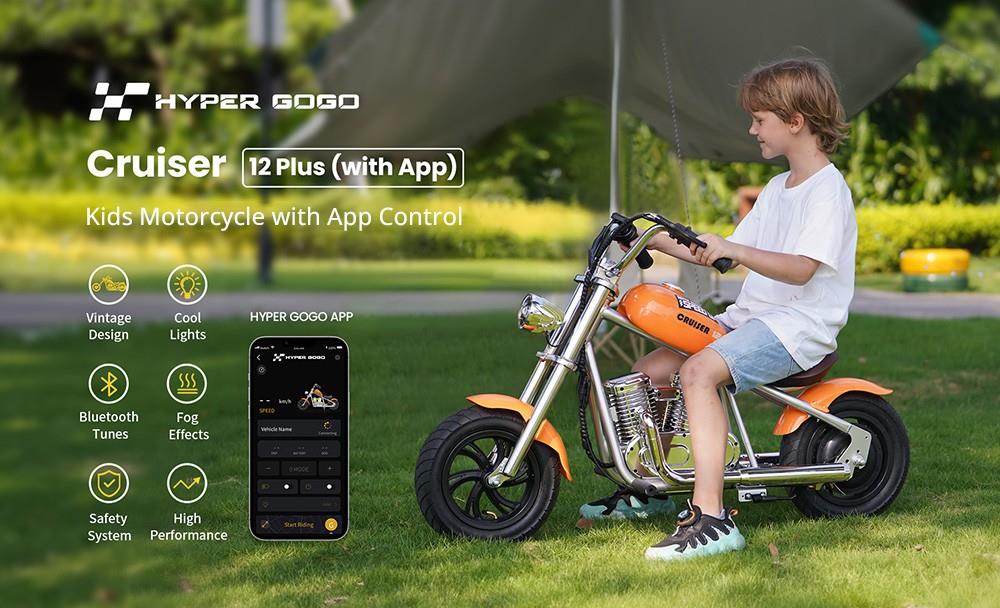 Hyper GOGO Cruiser 12 Plus Electric Motorcycle with App for Kids, 12 x 3 Tires, 160W, 5.2Ah, Bluetooth Speaker - Orange