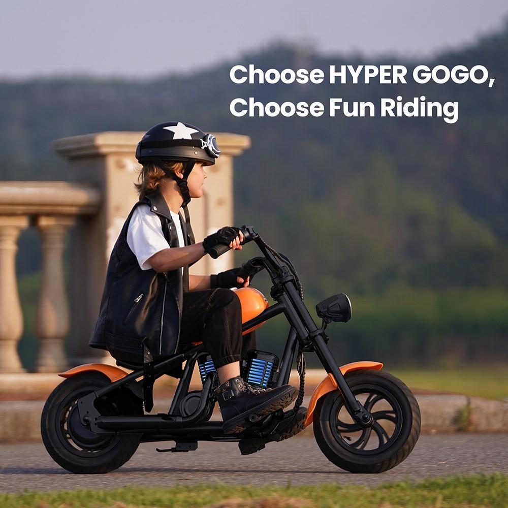 Hyper GOGO Cruiser 12 Plus Electric Motorcycle for Kids, 12 x 3 Tires, 160W, 5.2Ah, Bluetooth Speaker, LED Lights - Orange