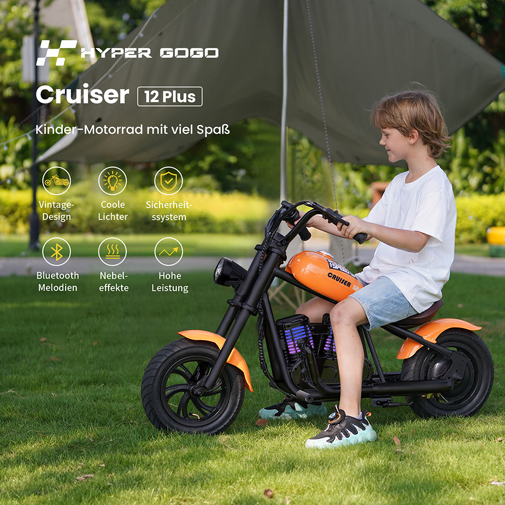 Hyper GOGO Cruiser 12 Plus Elektro-Motorrad für Kinder, 12 x 3 Zoll Reifen, 160W Motor, 21.9V 5.2Ah Akku - Grün