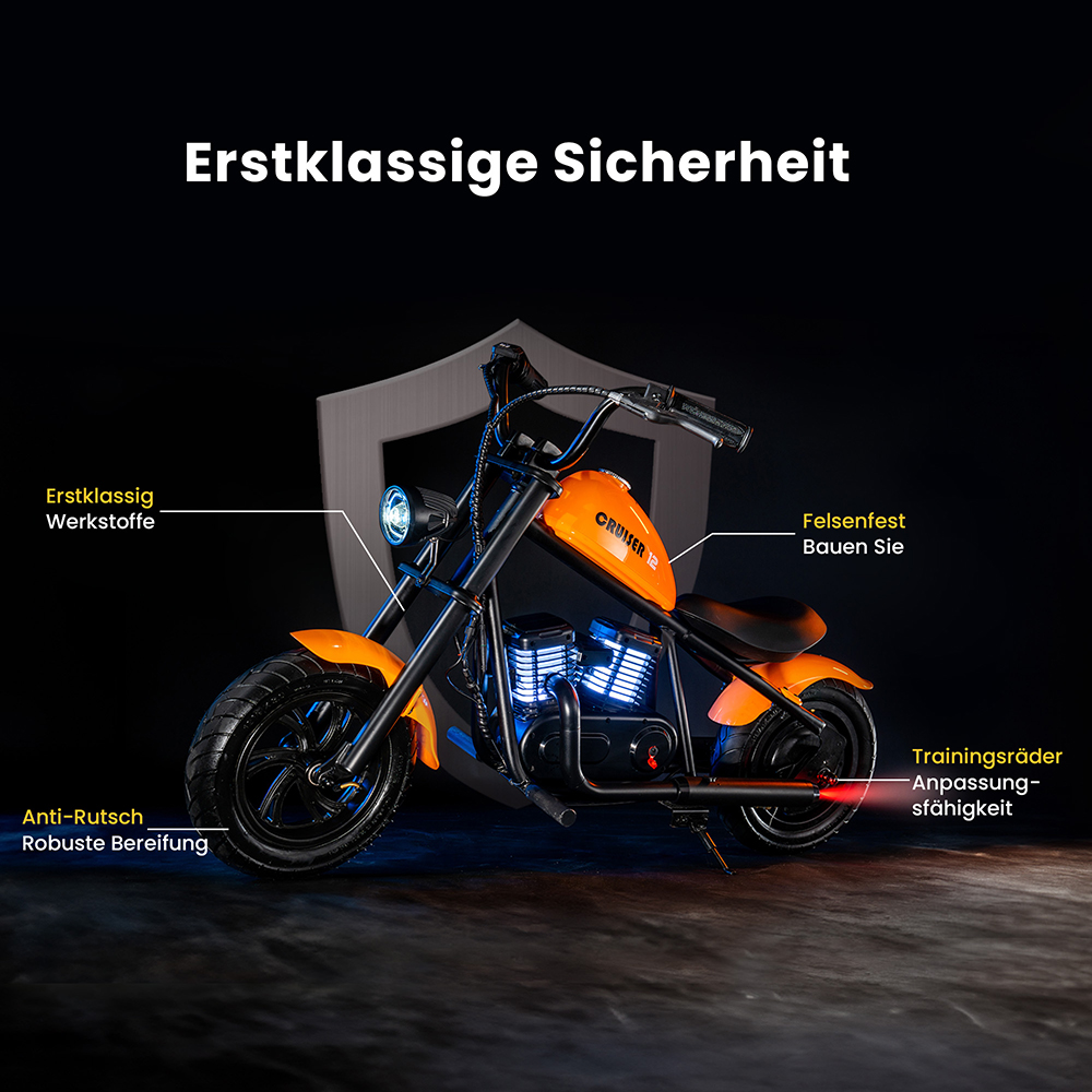 Hyper GOGO Cruiser 12 Plus Elektro-Motorrad für Kinder, 12 x 3 Reifen, 160W, 5.2Ah, Bluetooth Lautsprecher - Schwarz