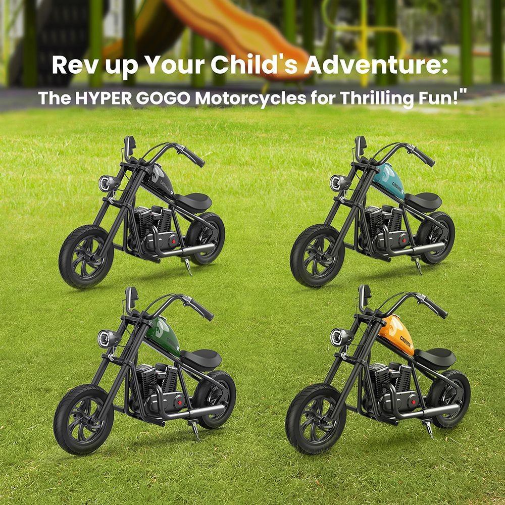 Hyper GOGO Cruiser 12 Electric Motorcycle for Kids, 12in Tires, 160W Motor, 21.9V 5.2Ah Battery - Black